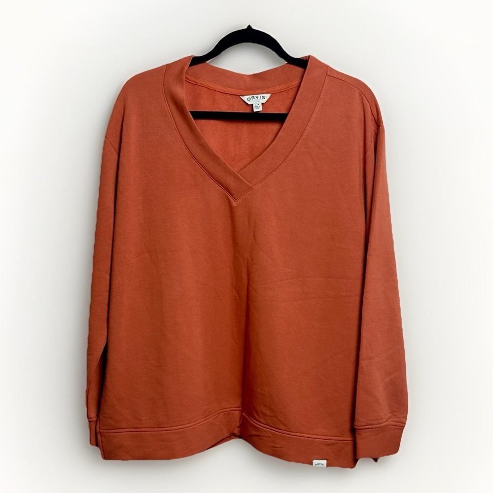 Orvis Orange V Neck Long Sleeve Sweatshirt Ultra Soft Women's Large
